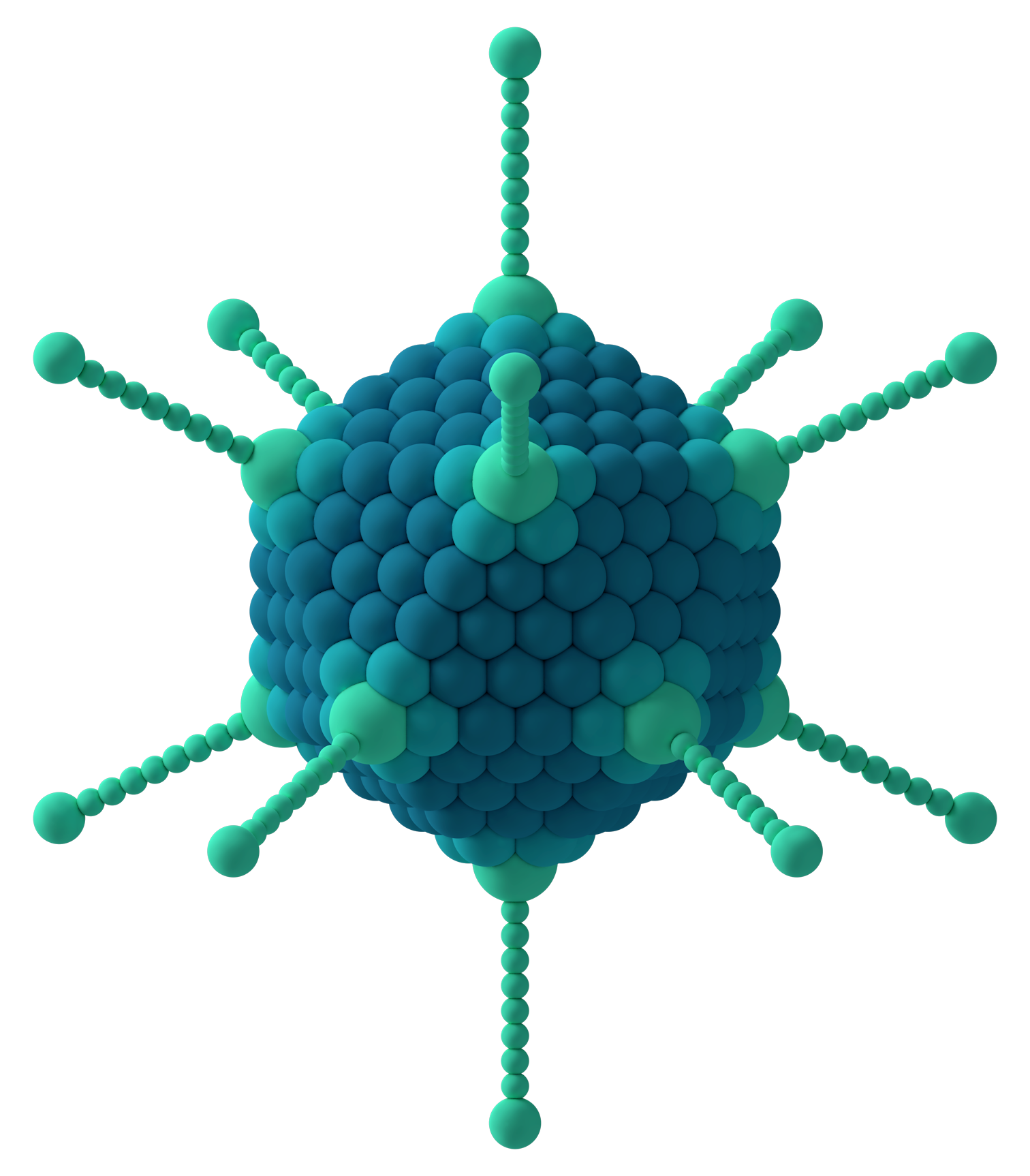 Blue spheres arranged in an icosahedron, with turquoise spheres forming thin stalks emerging from the vertices